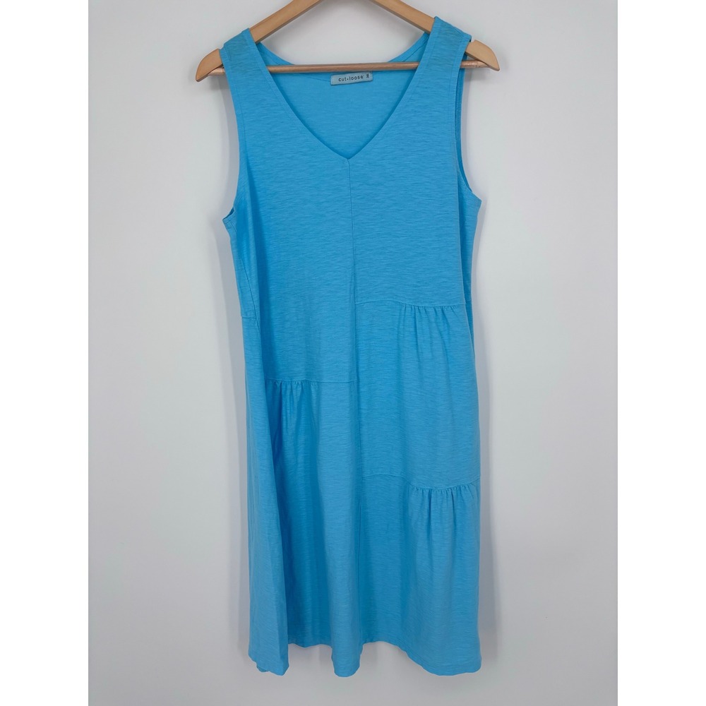 Cut Loose Linen Blend Tiered Sleeveless V-Neck Dress Womens M Blue Made In USA